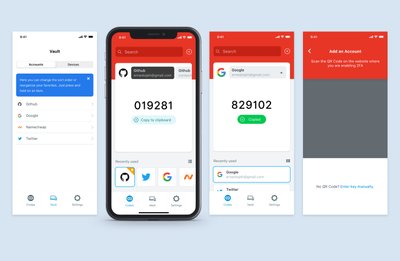 Authy redesign: four app screens showing the account vault, an authentication code, the copied state and adding an account