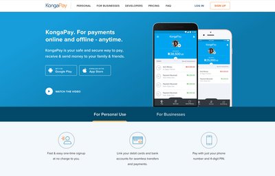 KongaPay marketing site home page with the app shown on two phones